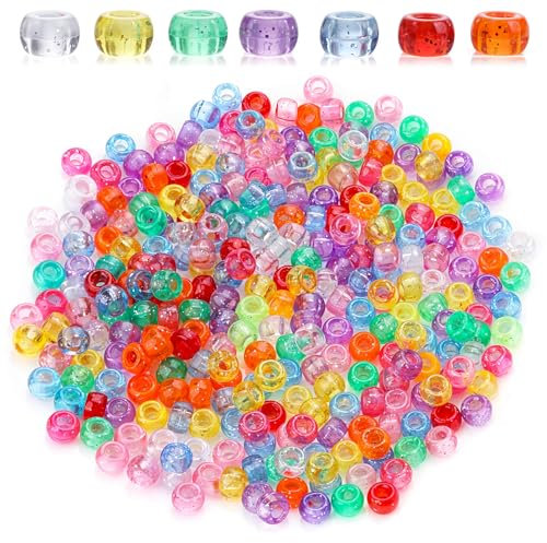 Dimeho Pony Perlen 500 Stück mit Zum Auffädeln Bunte Transparent Barrel Perlen für Freundschaftsarmbänder Mehrfarbige Bastelperlen Regenbogen-Haarperlen zum DIY und Halsketten Schlüsselanhänger