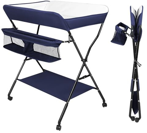 Table à langer 2 en 1 avec baignoire, Table à langer pliable et compacte, de la naissance à 12 mois, Hauteur Réglable, Commode à Langer Portable, Charge 25KG-86 * 62 * 96 cm-bleu marine