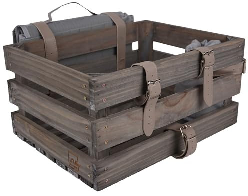 Fahrradkiste Holz grau mit Picknickdecke und Flaschenhalter