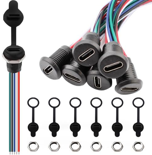 VISSQH 6 PCS USB Type-C Female Chassis,3A 5-pin USB C Soldering Jack,5 Wire Panel Mount connector,24AWG round Waterproof Pigtail Cable Extension Power Cable