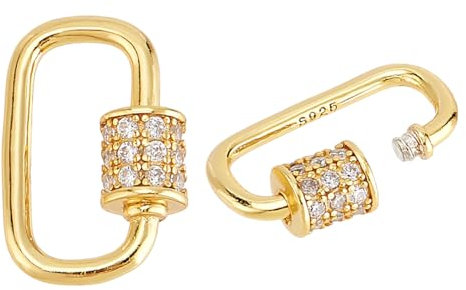 PH PandaHall 925 Sterling Silver Oval Screw Lock Charms 2pcs Carabiner Lock Clip Golden Cubic Rhinestones Screw Small Link Connector Snap Clips Hook Clasp for Bracelet Keychain Jewellery Making