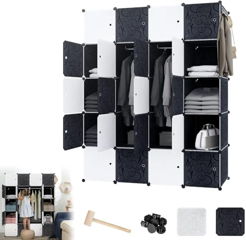 LZQ Kleiderschrank Mehrzweckschrank DIY Regalsystem Schrank, Kunststoff Garderobenschrank Schlafzimmerschrank mit Tür, Steckregal Aufbewahrung Staubdicht mit 20 Würfeln und Kleiderstange