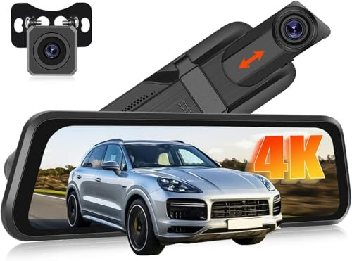 CAMECHO 9.66 4K Mirror Dash Cam with WiFi, 1080P Full HD Smart Rearview Mirror for Cars & Trucks, Front and Rear Dual Cameras, Night Vision, Reverse Assist, Included 64GB Card
