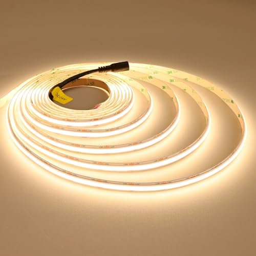 JOYLIT 24V COB LED Streifen 5M 3000K Warmweiss 2200LM/M Sehr Hell Innen, UL CE PRO 288LEDs/M CRI 92+ 19W/M Dimmbar LED Band Selbstklebend, 120° Weiße LED Strip Beleuchtung (Netzteil Nicht Enthalten)