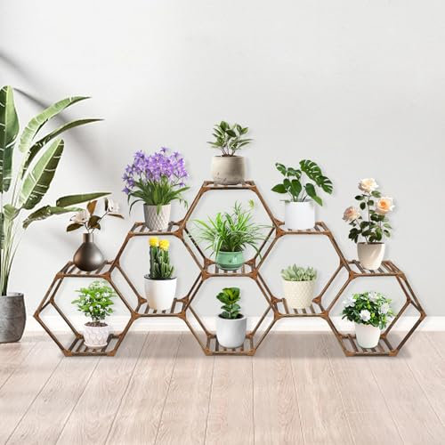 TouTToNG Soporte para plantas, estante hexagonal para flores, 11 escaleras de maceta, estante grande de madera para plantas, maceta 231 x 25 x 97 cm