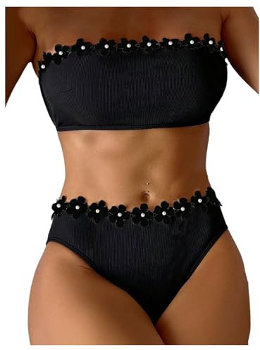 GORGLITTER Women's 3D Floral Bandeau Swimsuits Ribbed Knit Colorblock Sexy Backless 2 Piece Bikini Sets Black White Medium