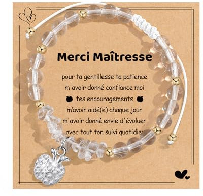 YELUWA Cadeau Maitresse d'école, Merci Cadeau Maitresse Bracelet Fin d'année, Cadeaux Professeur Retraite Cadeaux Femme, Maîtresse Bracelet Femme Pierre Naturelle Collègues Enseignant - Cristal Blanc