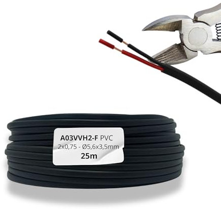 HALOTEC 25 mètres de câble plat en PVC 2x0,75 mm² noir intérieur ROUGE-NOIR | Type 03VVH2-F | Câble flexible double cuivre | Cordon électrique plat pour éclairage LED.