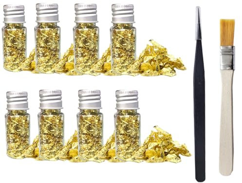 JazRvr 8 Stück Blattgold Essbar, Blattgold Essbar Für Torten, Goldfolie Mit Pinsel Und Pinzette, Ideal Für Kuchen, Schokolade Und DIY-Projekte, 5.4g Pro Flasche