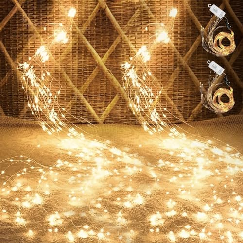 2 Stück Lichterschweif 2M 200 LED, 8 Modi Wasserfall Lichterkette mit Batterie, Timer und Fernbedienung, Wasserdichte Lichterstrang Lichterbündel Weihnachtsbeleuchtung für Weihnachten Innen Außen Deko