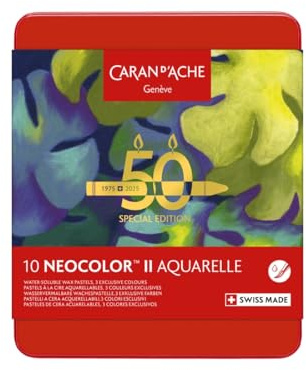 Caran d'Ache Neocolor II Wasserlösliche Wachspastellkreiden, 50 Jahre Sonderausgabe, dunkel, Dose mit 10 Farben, Kunstmalstifte, Kunstliebhaber, Geschenk, Kunstset, Pastellfarben, Ausmalen