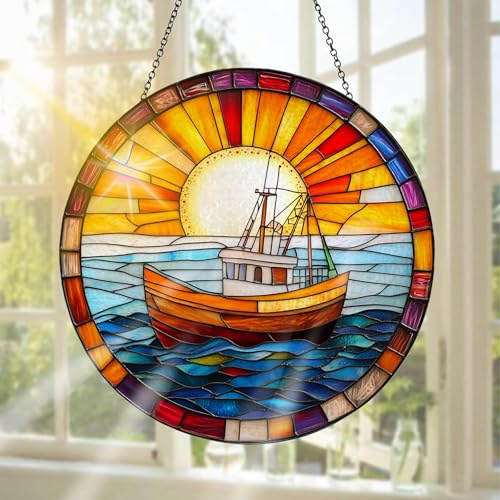 Pavemlo Boot Buntglas Sonnenfänger Fensterschmuck hängend Sonnenuntergang – Handgefertigter Sonnenfänger als Dekoration für Garten, Fenster, Innen- und Außenbereich, Weihnachten Party, 20 x 20 cm