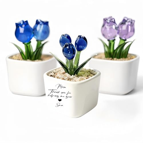 GYSLVTE Personalised Glass Tulip Flower with Custom Message, Hand Blown Glass Flower in Ceramic Pot, Mother’s Day Keepsake Decoration, Personalised Tulip for Mum Nan Wife (BLUE TRANSPARENT)