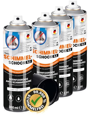 Tonis SCHIMMELSCHOCK 5.2 Anti-Schimmel-Farbe mit 99,999% antimikrobieller Wirkung 4er Set | Sprühfarbe für ca. 1,5 qm, wissenschaftlich nachgewiesene Sofortwirkung | Effektiv und zuverlässig