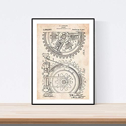 Nacnic Vintage Getriebe Patent Poster. Vintage Stil Wanddekoration Abbildung von Gang und Autoteile. Verschiedene geometrische Alte Erfindungen Bilder ohne Rahmen. Größe A3.