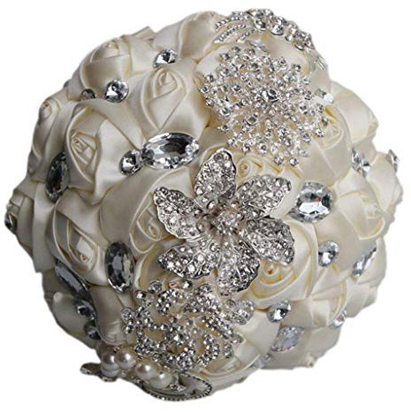 Fouriding Handgemachte Brosche Brautstrauß Braut Satin Rosen Blumen Strass Perlen Blumensträusse Hochzeit Strauß Künstliche Blumen Blumenstrauß künstlicher Rosenstrauß Deko (Cremig)