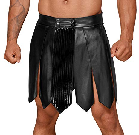 Herren Verkleidung Kunstleder Wetlook Gladiator Rock mit PVC Zierfalten Knielang Party Gogo