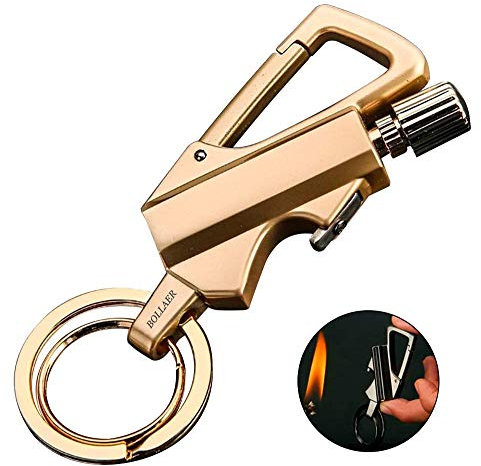 BOLLAER Feueranzünder aus Metall mit Flaschenöffner, ideal als Geschenk für den Außenbereich, als Schlüsselanhänger und Flaschenöffner, ideal als Geschenkidee und Notfall-Überlebensausrüstung (Gold)