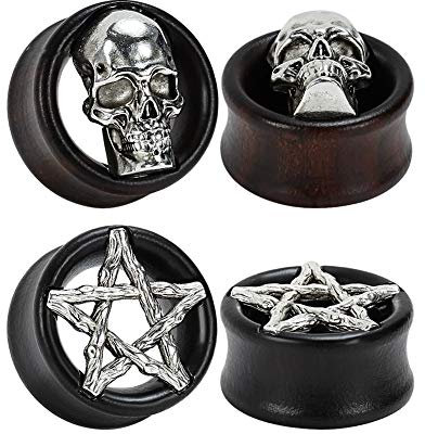 TBOSEN 2 or 4 STK Antiqued Skull Holz Double Flared Ear Ohr Plug Saddle Organic Schwarz Areng Flesh Tunnels Gauges 8mm - 25mm