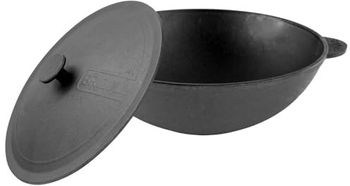Wok Bratpfanne 28 cm aus Gusseisen mit Gusseisendeckel 3,7L BRIZOLL abgeflachter Boden Deckel Asia Wokpfanne Schmortopf Induktion Pfanne Schmorpfanne Kasan Kazan Gusseisenpfanne Induktion Backofen
