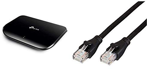 TP-Link TL-SG1005D - Gigabit Switch de Red con 5 Puertos (10/100/1000Mbps, Sin Configuración) & Amazon Basics - Cable de Red Ethernet con Conectores RJ45 (Cat. 6, 1000 Mbit/s, 1,5 m)