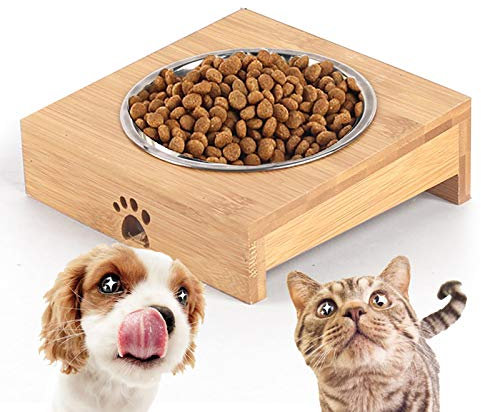 Katzennäpfe Hundenapf, Erhöhte Bambus Cat & Puppy Bowl Für Essen Und Wasser, Raised Hund & Katze Feeder Mit Bambusständer Mit Edelstahl/Keramikschalen, Katze Geschirr Futterschalen,Ss,Single