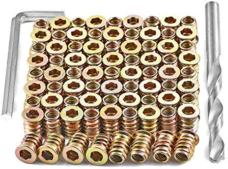 PGMJ 80 Stück 1/4-Zoll-20 Holzeinsätze Bolzen Möbel Schraube in Mutter Gewinde Verschluss Sechskant-Stecknuss Antrieb für Holzmöbel Sortiment (1/4-Zoll-20 x 15 mm)