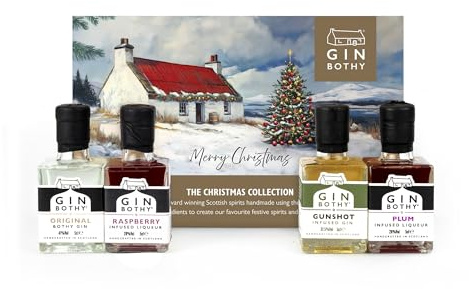 Gin Bothy Christmas Gin Gift Box | Premium Small Batch Scottish Mini Gins & Liqueurs | Raspberry, Gunshot, Original & Plum | Perfect for Birthdays, Christmas & Special Occasions | 4 × 5 cl Bottles