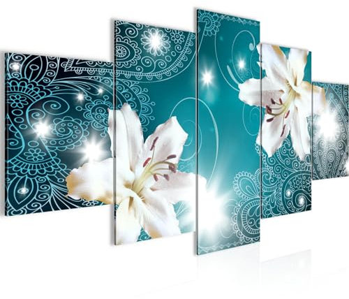 Runa Art Bild Wohnzimmer Schlafzimmer Blumen Lilien 5 Teilig Abstrakt Türkis Wandbilder auf Vlies Leinwand 008153a