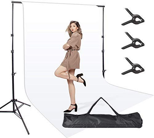 Fotohintergrundständer mit weißem Hintergrund, 3 x 2,8m verstellbarer Hintergrund-Ständer, Hintergrund-Ständer, Hintergrund-Stützsystem mit Tragetasche, 1,8 x 2,7m Baumwoll-Musselin-Hintergrund
