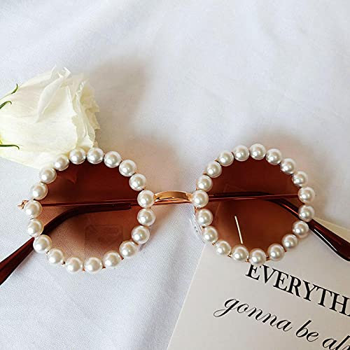 WQZYY&ASDCD Sonnenbrille Herren Damen Metall Runde Perle Rosa Runde Sonne Brille-Tee