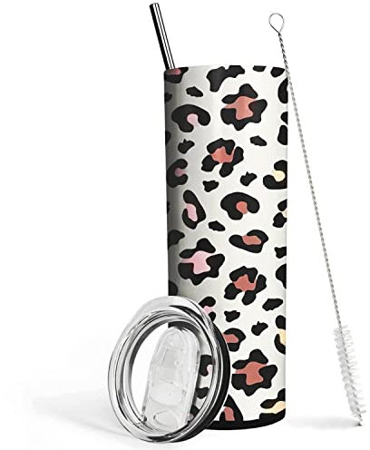 Cheetah Print Tumbler With Lid and Straw- 20 oz Stainless Steel Vacuum Insulated Leopard Skinny Tumblers Cups - Coffee Travel Mug Cup- Birthday Christmas Gifts for Mom, Women, Sister, Friends