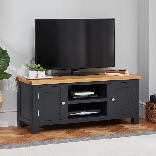 Cotswold Charcoal Grey Painted Widescreen TV Unit – Up to 60” TV Size, Natural Oak Top, Central Open Shelf with Cable Management, Fully Assembled - H 500mm x W 1200mm x D 450mm