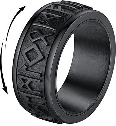 FindChic Spinner Ring Schwarz Herren Anti Stress Ring Männer Nordische Runen Fidgetring Edelstahl Drehring mit Geschenkebox für Geburtstag Weihnachten, 60
