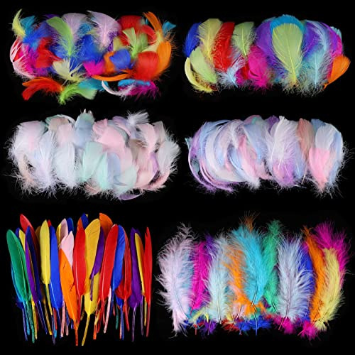 XINRUI Natural Goose Feathers for Crafts, Colourful, 500 Pieces, 6 Styles, | 500 pieces, 6 colour styles, 5-12 cm feather length, natural goose material, fluffy texture, DIY crafts