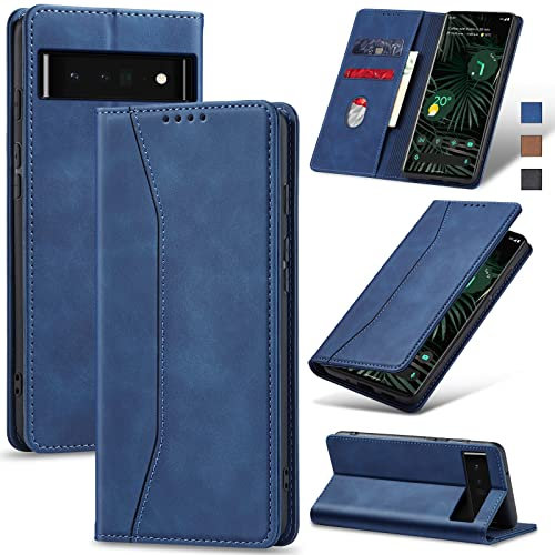 Jasonyu Handyhülle für Google Pixel 6 Pro Hülle Leder Flip Klappbare Stoßfeste Magnetische Premium PU Leder Standfunktion Kartenfächern Schutzhülle Klapphülle für Google Pixel 6 Pro,Blau