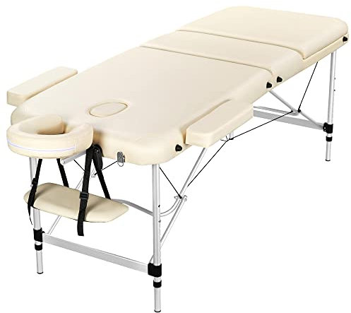 Abician Table de Massage Pliante en 3 Sections Lit Cosmétique en Similicuir avec Cadre en Alliage d’Aluminium Réglable à 8 Hauteurs Lit de Massage avec Housse de Transport 213 × 92 ×67,5-88 cm Beige