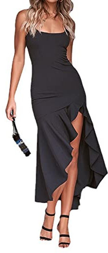 TTPSRY Vestido de Verano sin Mangas Mujer Elegante Dobladillo con Volantes Vestido de Fiesta (Negro/S)