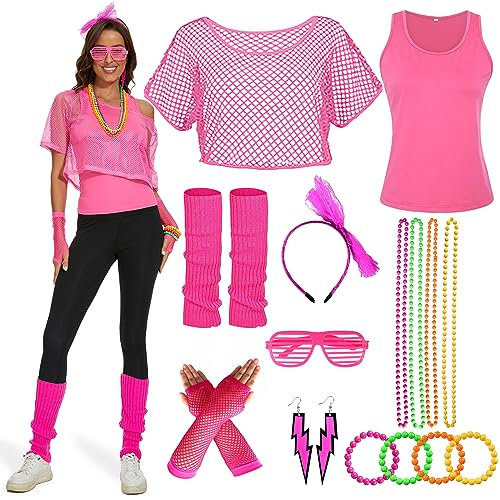 Ulikey 80er 90er Jahre Outfit Damen, 80er Jahre Kleidung Damen Set, Netzshirt, Tank top, Halskette, Armband, Ohrring, Brille, Stirnband, 90er Jahre Neon Party Outfit Mottoparty Accessoires (rosa, M)