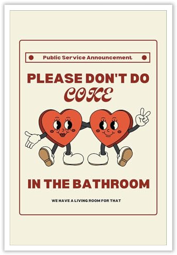 BNGFDV Retro-Poster mit Aufschrift Please Don't Do Coke in the Bath, beige, animierte Herzen, groovige Wandkunst, lustige Leinwand-Wanddekoration, ästhetisches Vintage-Poster für Toilette, 40,6 x 61
