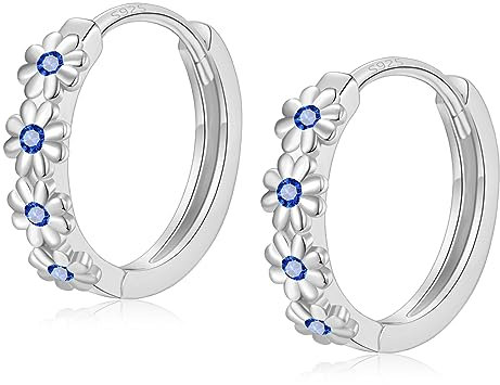Sterling Silver Hoop Earrings for Women, Small Huggie Daisy Hoop Earrings | Hypoallergenic Sapphire Cubic Zirconia Hoops Earring September Jewellery Gift for Ladies Girls Birthday Wedding, 12mm Hoop