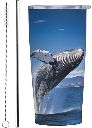 ButxeT Bicchiere da 20 once La balena salta fuori dal mare Bicchiere in acciaio inossidabile stampato con coperchio e tazza isolata in paglia Tazza da caffè da viaggio riutilizzabile