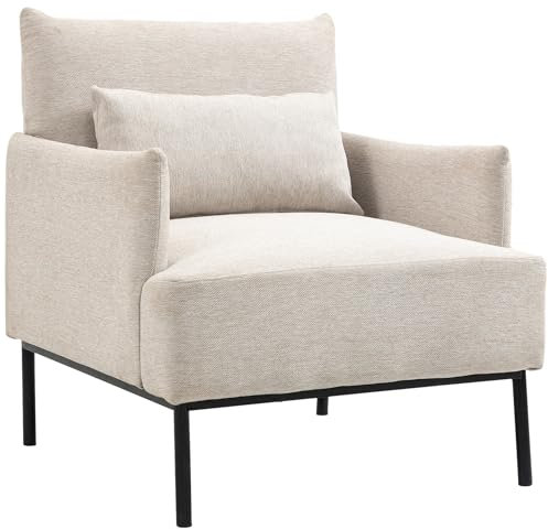 HOMCOM Moderner Sessel mit gepolsterter Rückenlehne und extra Kissen, Sessel aus Leinenstoff und Stahl, 73x81x82 cm, Weiß-Creme