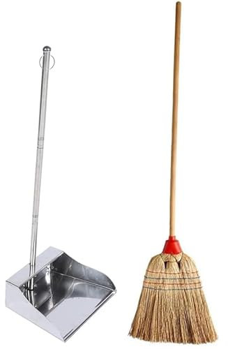 VIRSUS Set Scopa Saggina a 4 Fili + Paletta in Metallo Zincato, Scopa con Manico in Legno da 89 cm e 4 Cuciture, Paletta Antiruggine Manico 86 cm, per la Pulizia degli Esterni, Giardino, Viale -F
