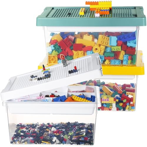 Greentainer Aufbewahrungsbox Spielzeug mit Deckel & AbnehmbaresTablett & Bauplatte,3er Spielzeug Box aus PP,Aufbewahrungskorb Kinder,Spielzeugkiste für Kinderzimmer Aufbewahrungsbehälter für Blöcke
