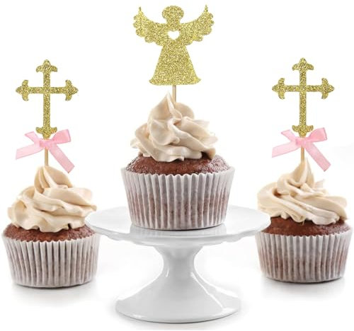 VIKY® Cake Topper Taufe, 24 Stücke Taufe Cupcake Topper, Kommunion Tortendeko, Tortendeko Taufe, Babyparty Kuchendeko, Muffin Deko Taufe Junge Mädchen für Konfirmation, Baby Shower, Taufe, Babyparty