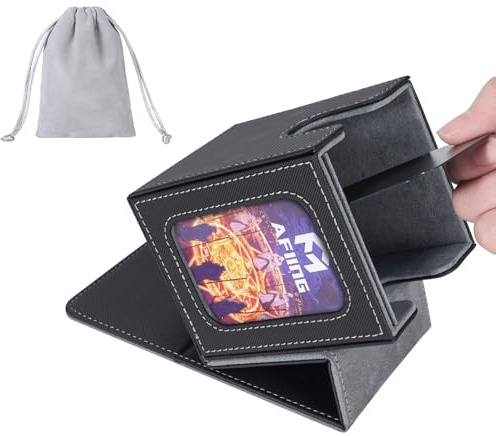 AFIING MTG Deck Box für Commander Display, Kartendeck-Box für 100 doppelt gehüllte Karten, Magic Commander TCG Karten-Aufbewahrungsbox mit 2 Trennwänden, Kordelzugbeutel und 1 Toploader (Schwarz/Grau)