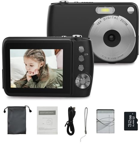 Digital Camera, FHD 1080P Camera, Digital Point and Shoot Camera with 16X Zoom Anti Shake, Compact Small Camera for Boys Girls Kids, Black (Black)