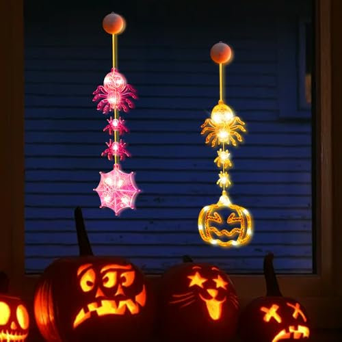 GZWY Halloween Deko Kürbis Fensterlichter mit Saugnapf, Halloween Deko Innen LED Kürbis Spinnennetz Hängend Lichterkette, Halloween Dekoration Fensterlichter Kürbis Deko für Fensterdeko (C)