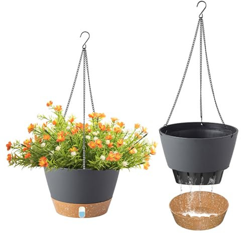 JAMHEXOU 2PC Hanging Planters 20cm Indoor/Outdoor Black Hanging Plant Pot Basket Hanging Flower Pot with Drainage Hole 3 Hooks for Garden Home(8 Inch, Black)